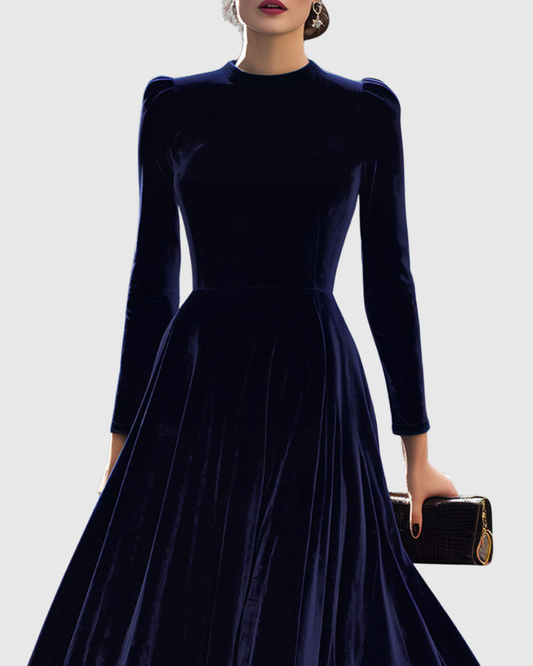 Vela Women's Midi Dress with Elegant Velvet Texture and Long Sleeves 1