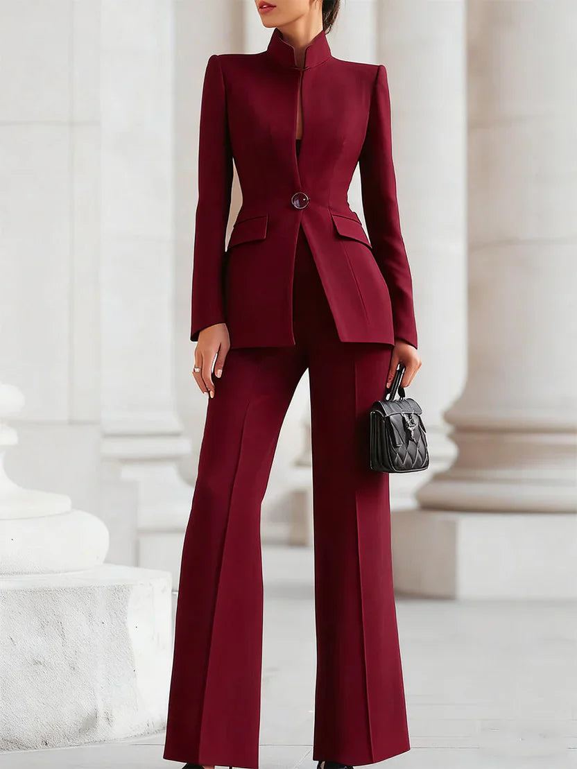Vina Women's Suit Set with Longline Blazer and Flared Trousers in Burgundy 3