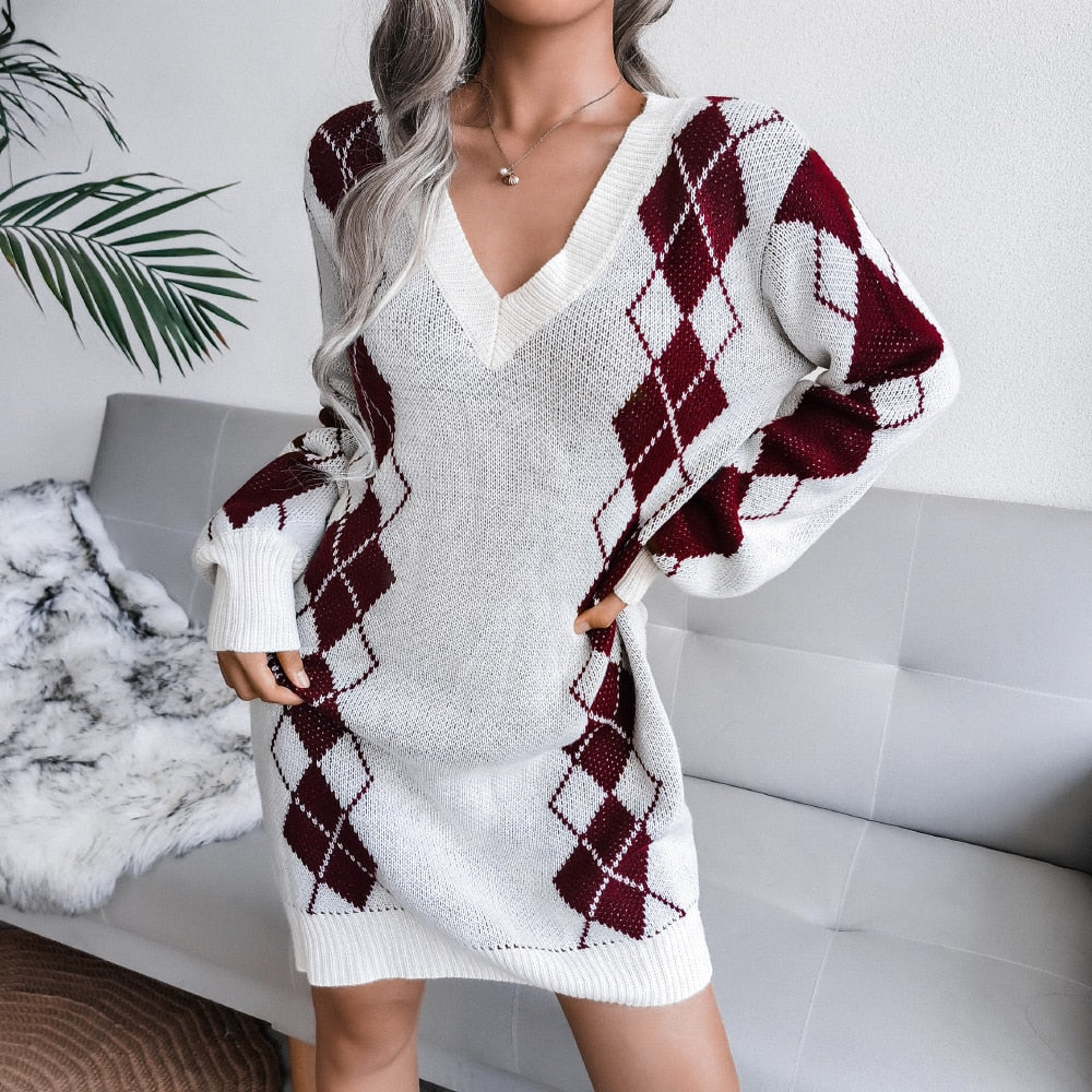 Wren Women’s Sweater Dress with Printed Knit and Deep V-Neck Design 0