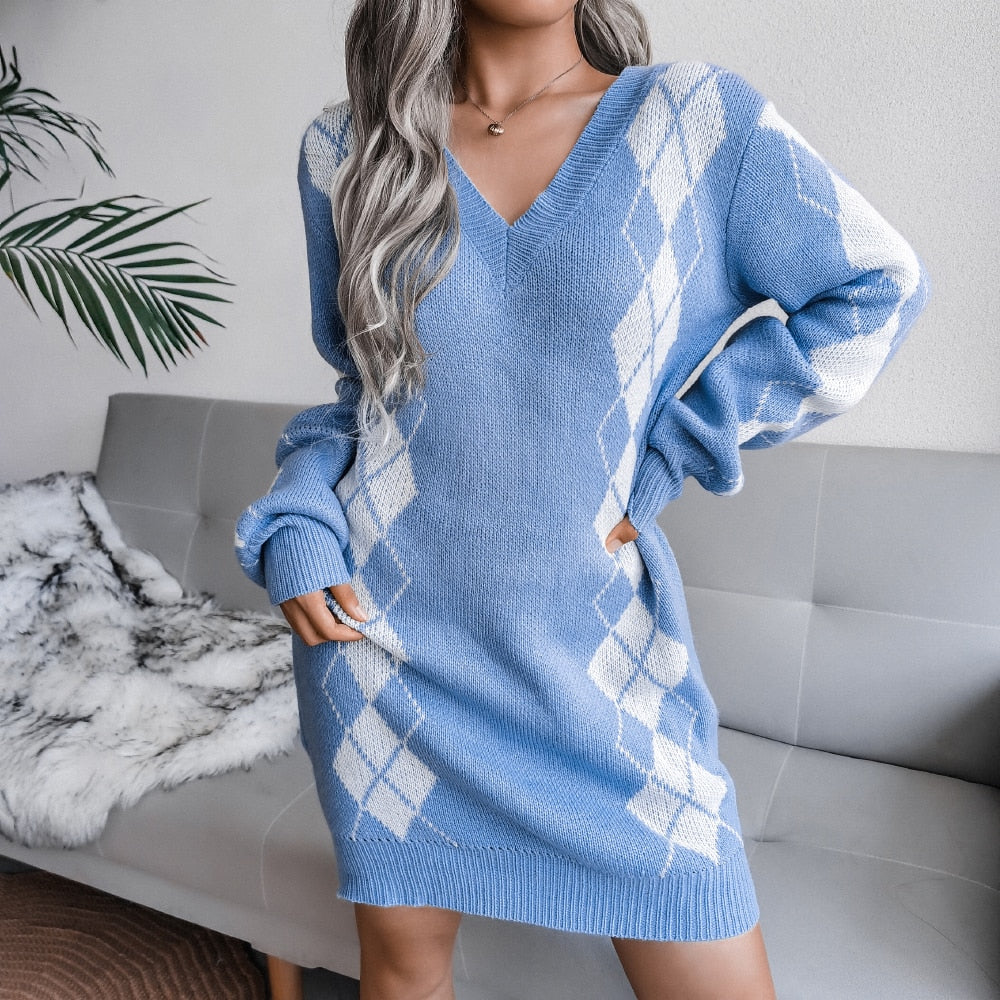 Wren Women’s Sweater Dress with Printed Knit and Deep V-Neck Design 2