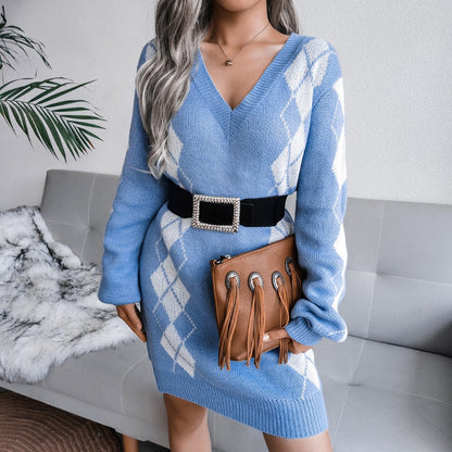 Wren Women’s Sweater Dress with Printed Knit and Deep V-Neck Design 3